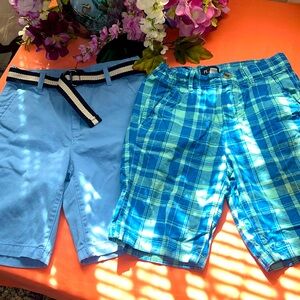 2 Pairs of Woven Chino Shorts Boys Size 8 Sky Blue w/Belt Teal Plaid Long Casual